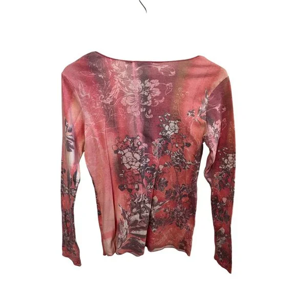 Xcit U.S.A. Floral Long Sleeve Pink Top Rhinestones Women's Size M Y2K - Picture 4 of 6